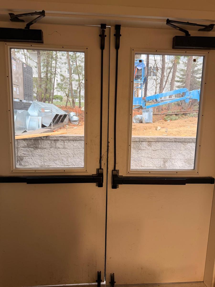 Bluefin commercial double doors with push bars exterior